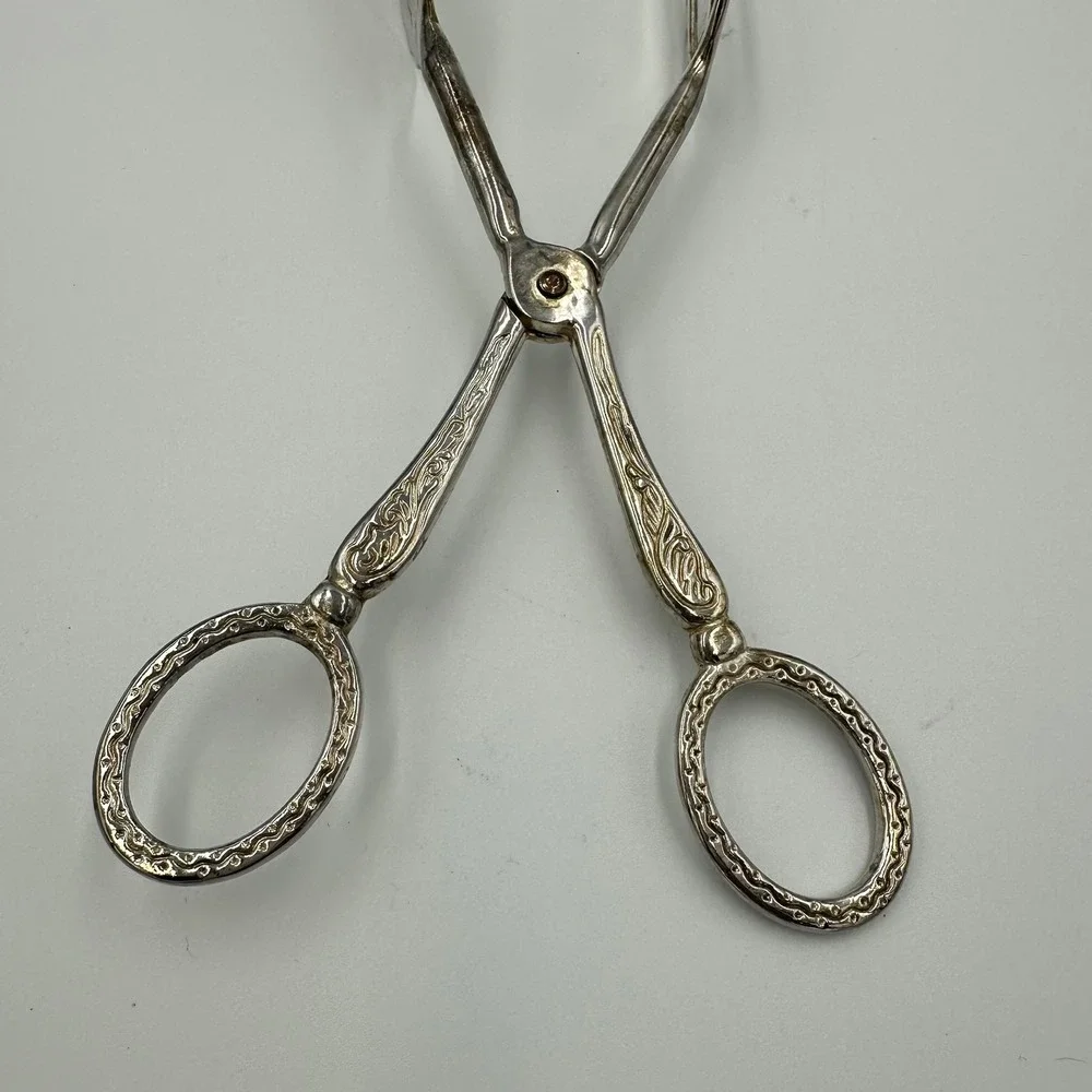 Vintage Ornate Silver Plated Scissor Serving Tongs EP Zinc Repousse Pastry Tongs